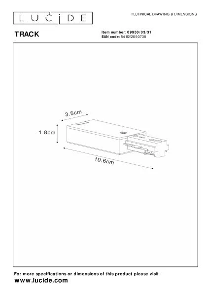 Lucide TRACK Startvoeding - 1-fase Railsysteem / Railverlichting - Enkel - Wit (Uitbreiding) - technisch